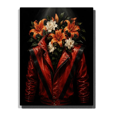 Red Leather Jacket Floral Paint by Numbers For Adults featuring orange lilies, white flowers, green foliage, glossy crimson biker jacket and dramatic black background