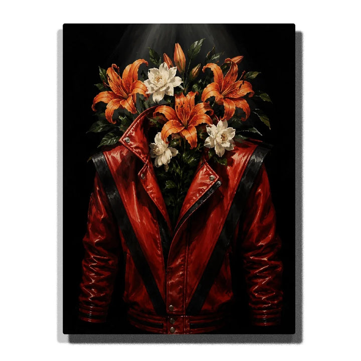 Red Leather Jacket Floral Paint by Numbers For Adults featuring orange lilies, white flowers, green foliage, glossy crimson biker jacket and dramatic black background