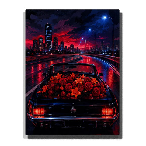 Black Convertible City Paint by Numbers For Adults featuring red roses and lilies, rainy highway reflections, illuminated skyscrapers and dramatic red blue night sky
