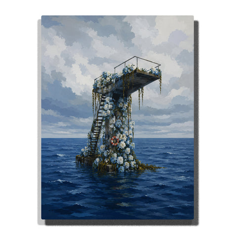 Flower-Covered Ocean Tower Paint by Numbers For Adults featuring cascading blue and white flowers, metal staircase, life ring, deep blue sea and cloudy sky