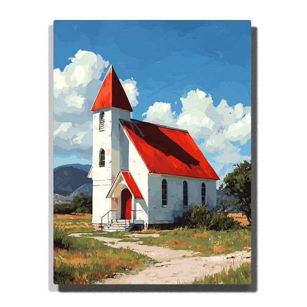 Little White Chapel with Red Roof – Countryside Faith & Sunshine Daylight Paint by Numbers Kit | PaintEasy