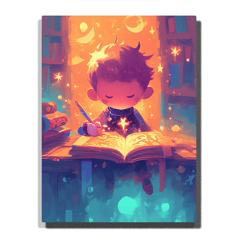Paint by Numbers Kit – A Quiet Boy Wizard Writing in a Glowing Spellbook Under Warm Floating Starlight in a Magical Library – PaintEasy