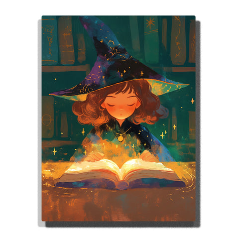 Paint by Numbers Kit – A Young Witch Reading a Glowing Spellbook in a Quiet Library Filled with Soft Floating Starlight – PaintEasy