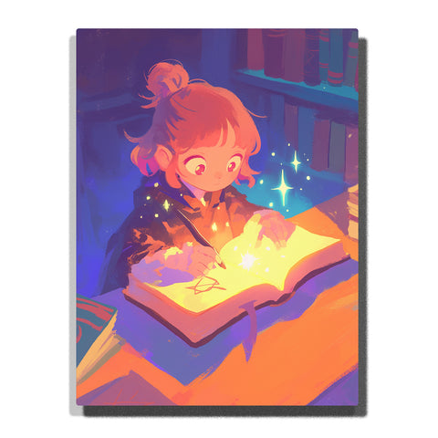 Paint by Numbers Kit – A Young Apprentice Discovering a Glowing Spellbook at Her Desk, Surrounded by Soft Starlight and Warm Magic – PaintEasy
