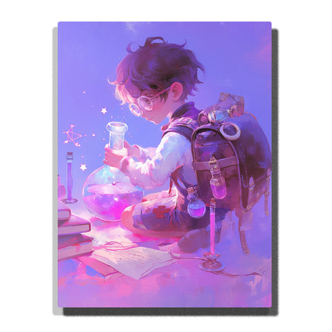 Paint by Numbers Kit – Little Boy Scientist Mixing a Glowing Pink Potion with His Round Glasses, Star Particles, and Backpack Filled with Magical Bottles in a Soft Pastel Fantasy Lab – PaintEasy