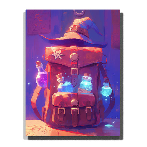 Paint by Numbers Kit – Wizard’s Leather Backpack Filled with Glowing Magical Potions and a Softly Resting Sorcerer Hat in a Warm Fantasy Study Room – PaintEasy