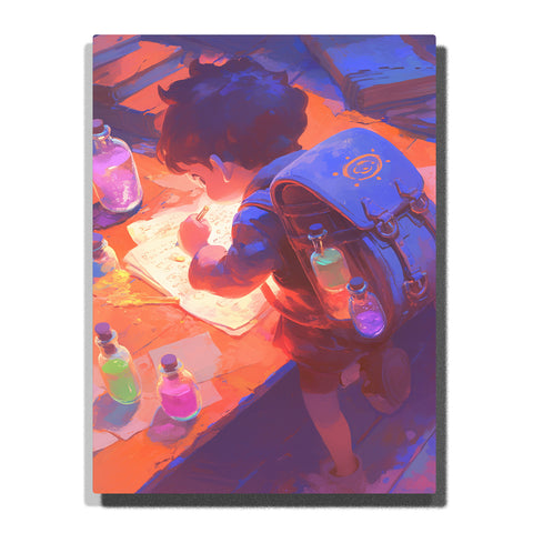 Paint by Numbers Kit – Little Boy Apprentice Studying Magic Notes at a Warm Wooden Desk Surrounded by Glowing Rainbow Potions and a Star-Marked Backpack – PaintEasy