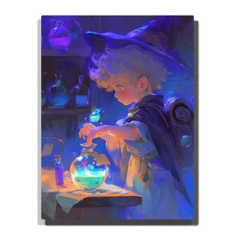 Paint by Numbers Kit – Little Boy Wizard Mixing a Glowing Potion in a Cozy Midnight Magic Workshop Filled with Bottles, Soft Blue Light, and Floating Sparkles – PaintEasy
