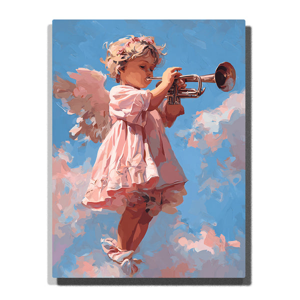 Little Pink Angel with Trumpet – Sweet Cherub in Dreamy Cloud Skies Paint by Numbers Kit | PaintEasy