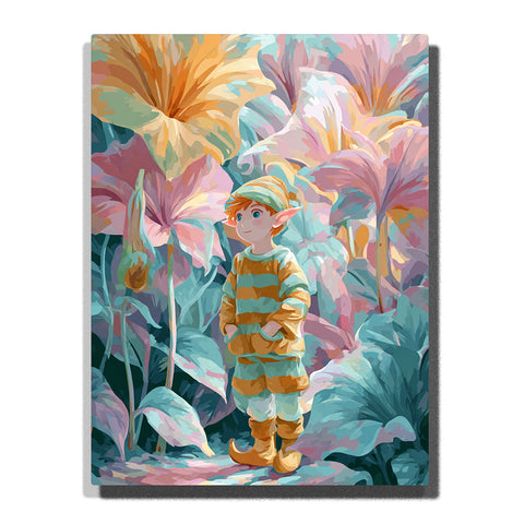 Little elf standing in a giant pastel flower garden with oversized blooms, striped outfit, teal leaves, lavender shadows, peach petals, and dreamy fantasy mood, paint by numbers by PaintEasy