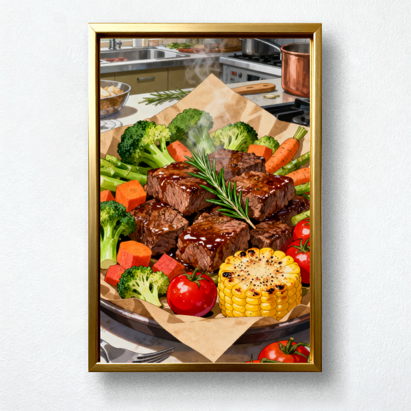 Paint by Numbers：Steak Feast with Fresh Vegetables in Kitchen