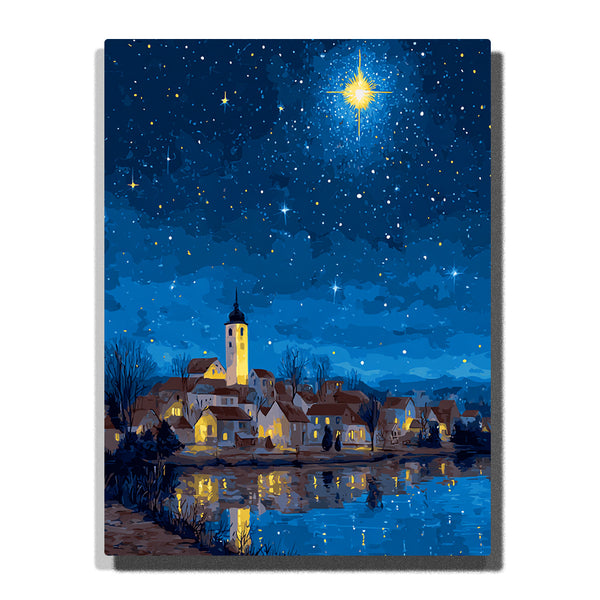 Star of Bethlehem Over Cozy Night Village – Holy Christmas Light & Peaceful Starlit Skies Paint by Numbers Kit | PaintEasy
