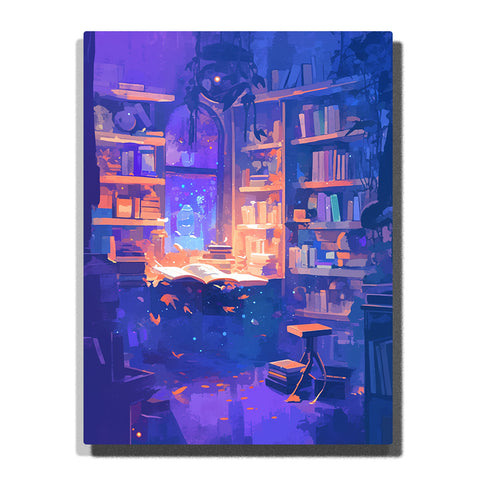 Paint by Numbers Kit – Midnight Arcane Library with Floating Spellbook & Cosmic Window – PaintEasy