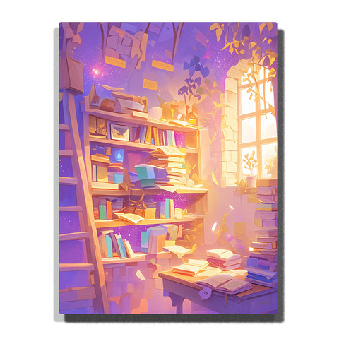 Paint by Numbers Kit – Enchanted Library with Floating Pages and Golden Morning Light – PaintEasy