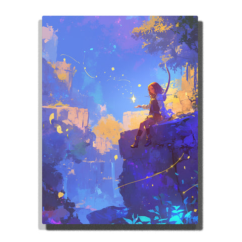 Paint by Numbers Kit – Girl on a Sunlit Cliff with Floating Magic Lights in a Golden–Blue Canyon – PaintEasy