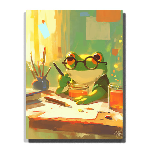 Paint by Numbers Kit – Studio Frog with Round Glasses & Warm Sunlit Art Desk – PaintEasy
