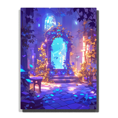 Paint by Numbers Kit – Enchanted Ruins with a Glowing Azure Portal & Sunlit Vines – PaintEasy