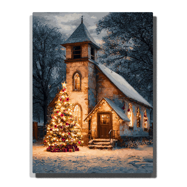 Cozy Christmas Chapel with Glowing Tree – Warm Holiday Lights & Peaceful Snowy Night Paint by Numbers Kit | PaintEasy