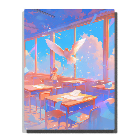 Paint by Numbers Kit – Sunlit Classroom with Soaring White Dove & Girl Looking Toward the Sky – PaintEasy