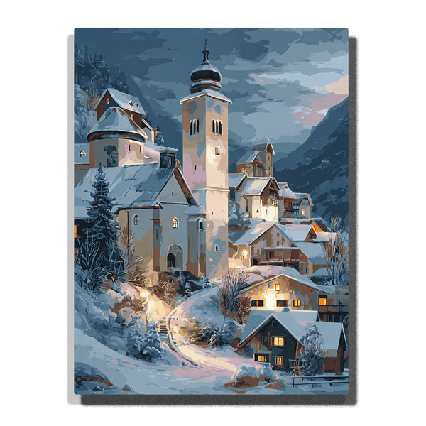 Silent Night Snowy Village with Church Lights – Peaceful Christmas Glow & Winter Mountain Charm Paint by Numbers Kit | PaintEasy