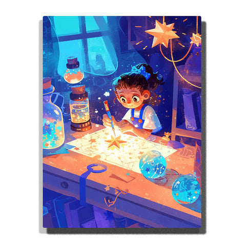 Paint by Numbers Kit – Girl Crafting a Star Under Blue Night Glow at a Magical Workshop Desk – PaintEasy