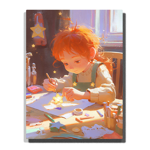 Paint by Numbers Kit – Little Red-Haired Girl Crafting a Glowing Star Decoration in Warm Morning Light – PaintEasy