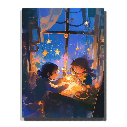 Paint by Numbers Kit – Two Children Crafting Glowing Star Decorations by a Window at Night in a Cozy Blue-and-Gold Workshop Scene – PaintEasy