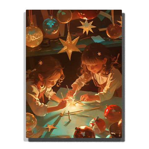 Paint by Numbers Kit – Two Young Girls Creating Glowing Star Ornaments Together Under Warm Light in a Cozy Magical Craft Room Scene – PaintEasy