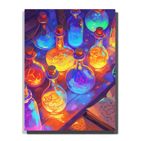 Paint by Numbers Kit – A Table of Glowing Alchemy Potion Bottles Filled with Runes, Light, and Magical Energy in a Luminous Fantasy Workshop Scene – PaintEasy