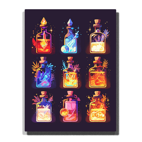 Paint by Numbers Kit – A Collection of Nine Glowing Magic Potion Bottles Filled with Crystals, Light, and Elemental Energy in a Dark Fantasy Alchemy Grid – PaintEasy