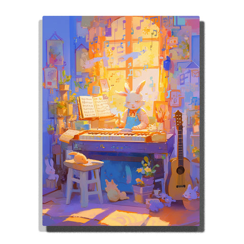 Paint by Numbers Kit – Gentle White Rabbit Playing Piano in a Cozy Music-Filled Room with Warm Window Light and Floating Notes in a Quiet Storybook Interior – PaintEasy