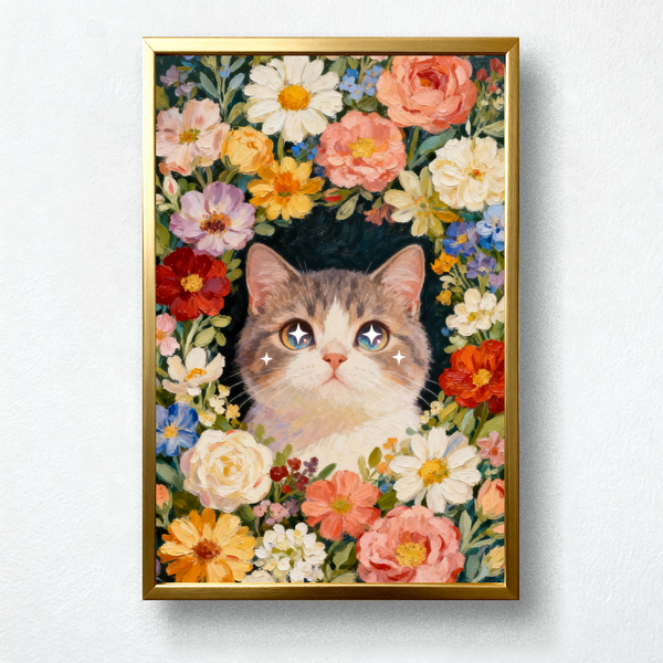 Paint by Numbers: Enchanted Cat with Sparkling Eyes in Floral Realm