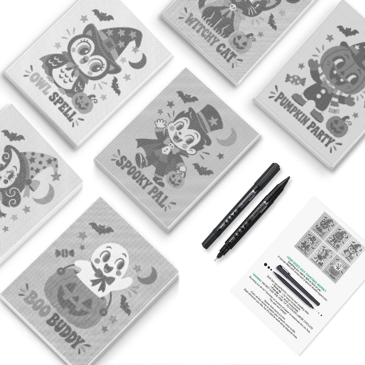 Six Boo Crew Halloween badge dot designs with ghosts, owls and pumpkins