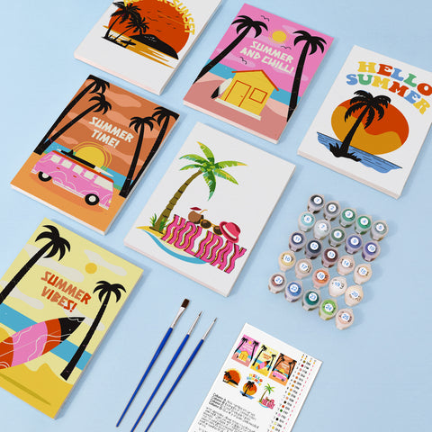 Six mini paint by numbers canvases arranged in a set, each featuring a tropical summer poster-style illustration including beach sunset scene, palm tree landscape, “Hello Summer” typography, “Summer and Chill” house design, vintage beach van, and surf-themed artwork, all created in a bold flat graphic style with bright colors and simple shapes.