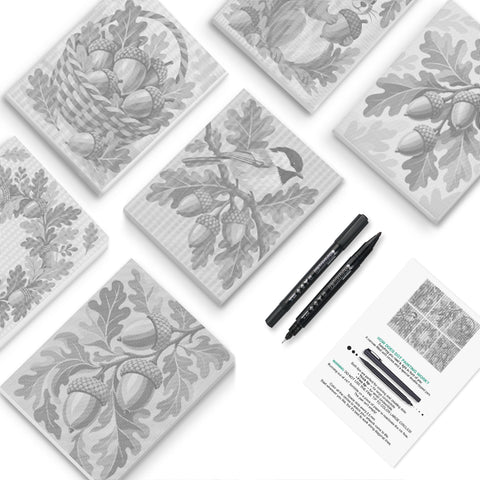 Acorn and Oak Autumn Dot Painting Mini Set - PaintEasy dot painting mini set, acorn basket, oak leaves and a chickadee on the branch, cover