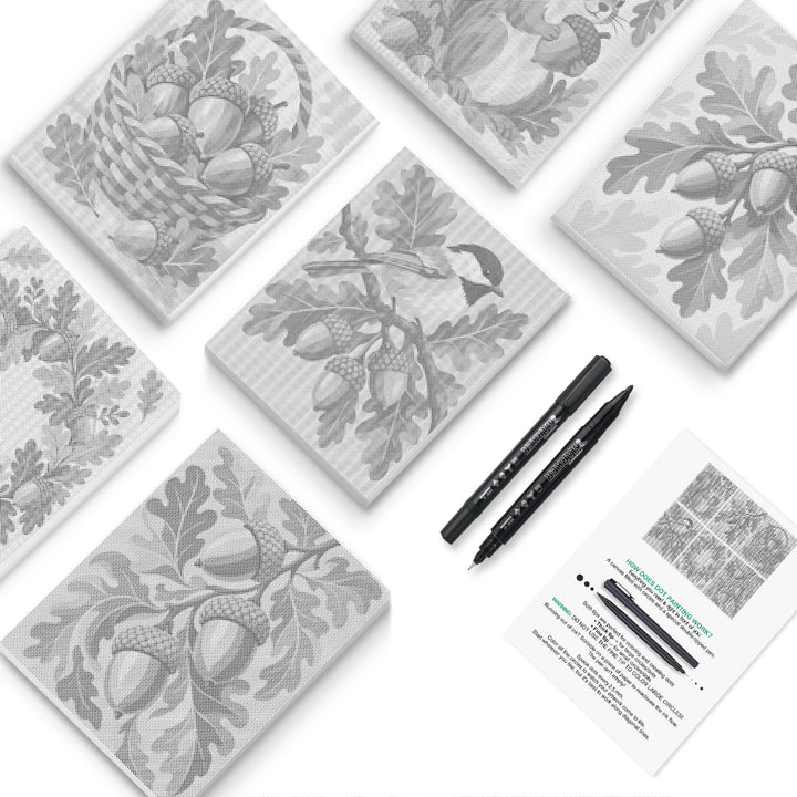 Acorn and Oak Autumn Dot Painting Mini Set - PaintEasy dot painting mini set, acorn basket, oak leaves and a chickadee on the branch, cover