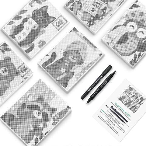 Book Nook Cats Dot Painting Mini Set - PaintEasy dot painting mini set, cats reading newspapers and books, an owl librarian and book nook lettering, cover