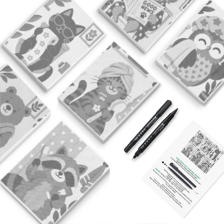 Book Nook Cats Dot Painting Mini Set - PaintEasy dot painting mini set, cats reading newspapers and books, an owl librarian and book nook lettering, cover