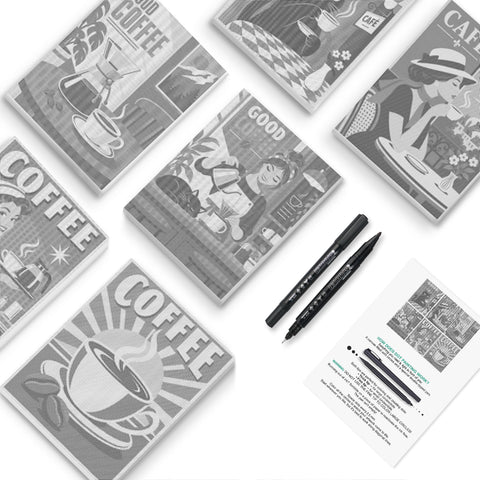Coffee Break Badges Dot Painting Mini Set - PaintEasy dot painting mini set, COFFEE lettering badges, cafe storefronts and corner diners, cover