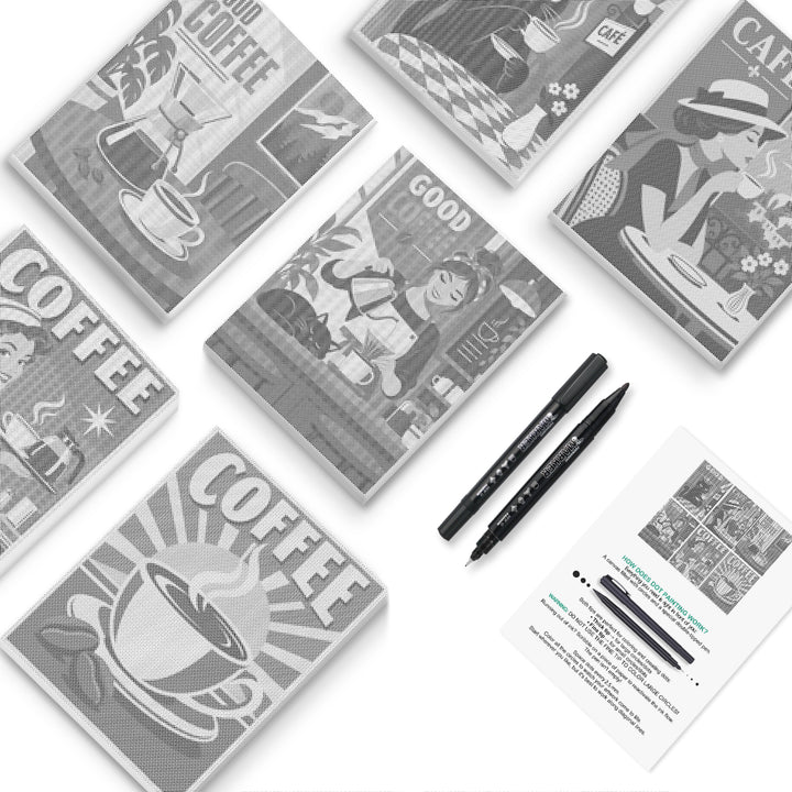 Coffee Break Badges Dot Painting Mini Set - PaintEasy dot painting mini set, COFFEE lettering badges, cafe storefronts and corner diners, cover