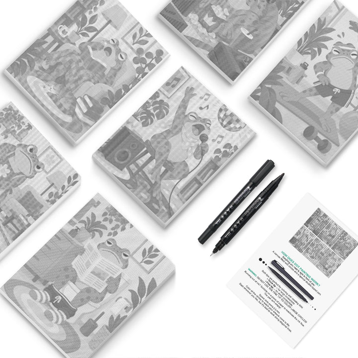Cozy Frog Cottages Dot Painting Mini Set - PaintEasy dot painting mini set, frogs reading, baking and gardening in cozy cottage scenes, cover