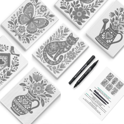 Butterfly Garden Vignettes Dot Painting Mini Set - PaintEasy dot painting mini set, butterfly wreath, curled cat, watering can and vase bouquets, cover