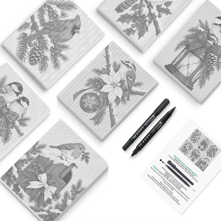 Winter Bird Holidays Dot Painting Mini Set - PaintEasy dot painting mini set, cardinal, chickadees, holly, poinsettia and a lit lantern, cover