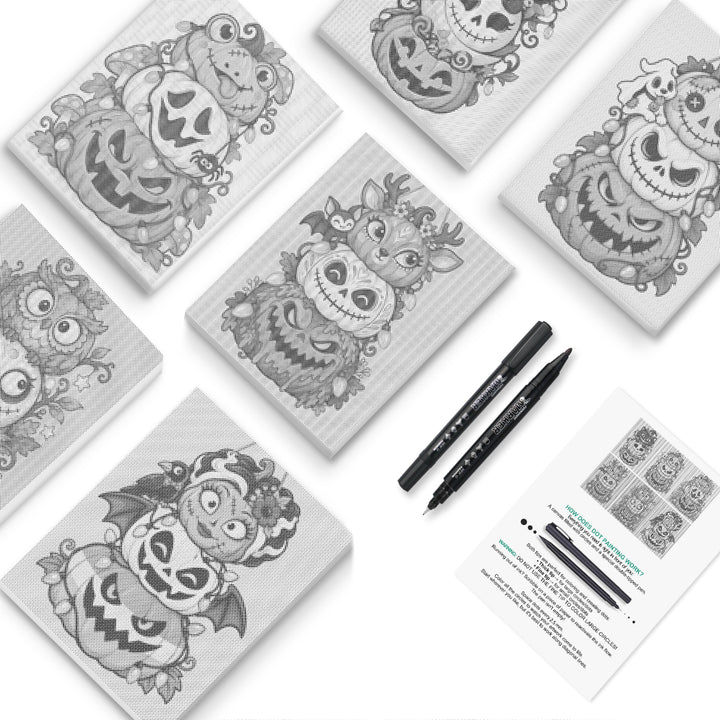 Six dot designs of stacked pumpkins, owls, ghosts and little monsters