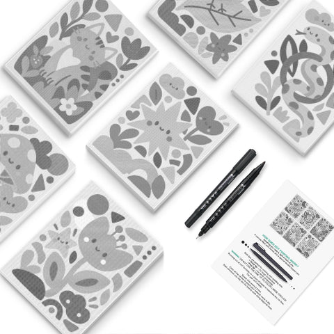 Woodland Friends Black Ink Dot Painting Mini Set - PaintEasy dot painting mini set, songbird, snake, cat, heart bloom, panda and tulip designs in black-ink dots, cover