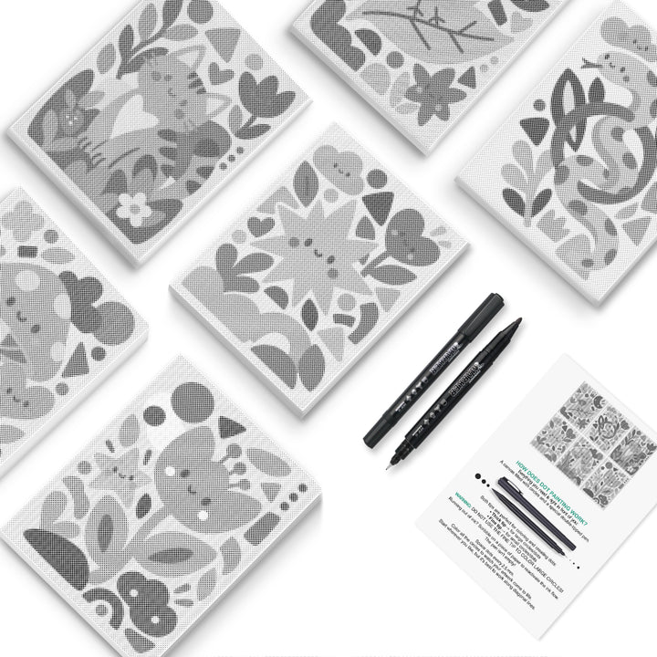 Woodland Friends Black Ink Dot Painting Mini Set - PaintEasy dot painting mini set, songbird, snake, cat, heart bloom, panda and tulip designs in black-ink dots, cover