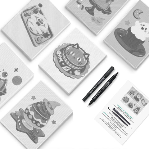 Black Cat Treats Halloween Dot Painting Mini Set - PaintEasy dot painting mini set, cat plate with fish, drifting ghost, wide-eyed black cat and a stacked cupcake, cover