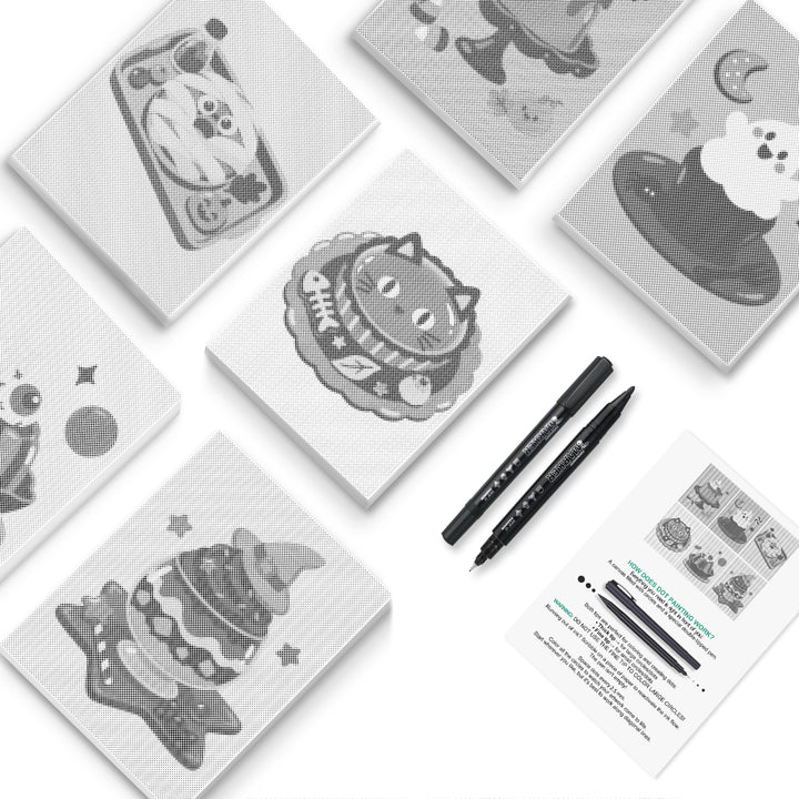 Black Cat Treats Halloween Dot Painting Mini Set - PaintEasy dot painting mini set, cat plate with fish, drifting ghost, wide-eyed black cat and a stacked cupcake, cover