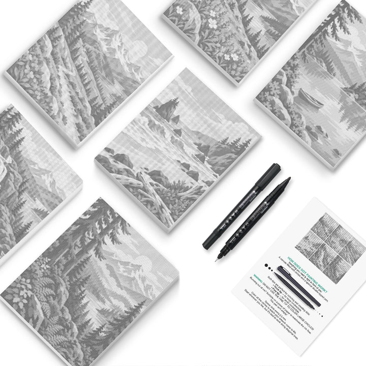 Mountain Valley Scenes Dot Painting Mini Set - PaintEasy dot painting mini set, peaks, pine forests, river valleys and alpine meadows, cover