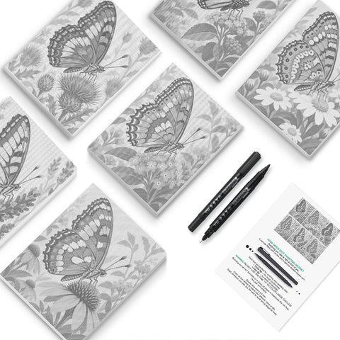 Six butterfly and meadow dot-painting canvases with two black pens and a guide